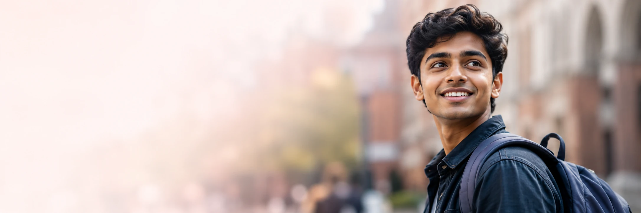 A student with a backpack on a campus street, looking up and away toward the light.