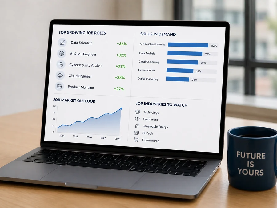 A laptop showing a jobs dashboard: fastest-growing roles, skills in demand and a rising market outlook.
