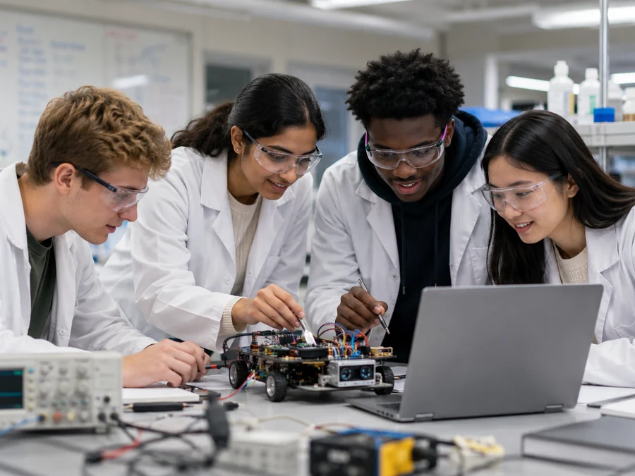 Four students in lab coats and safety glasses building a robotics rig around a laptop.