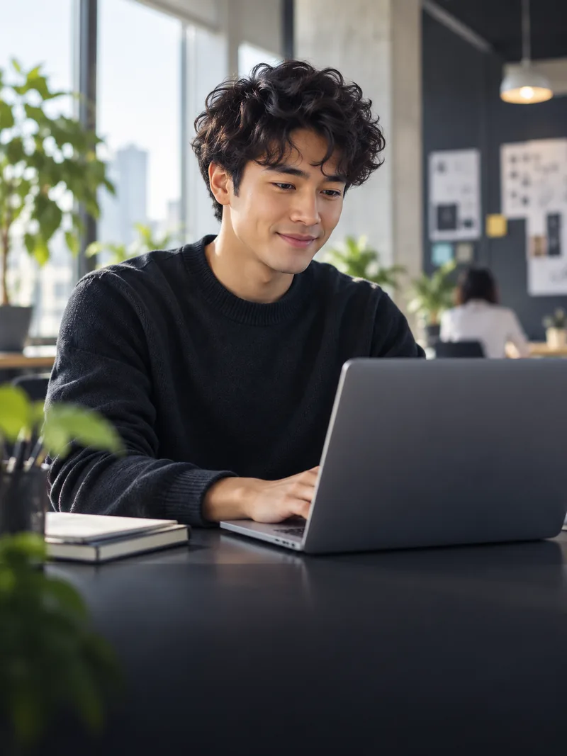 A young professional working at a laptop in an open-plan office