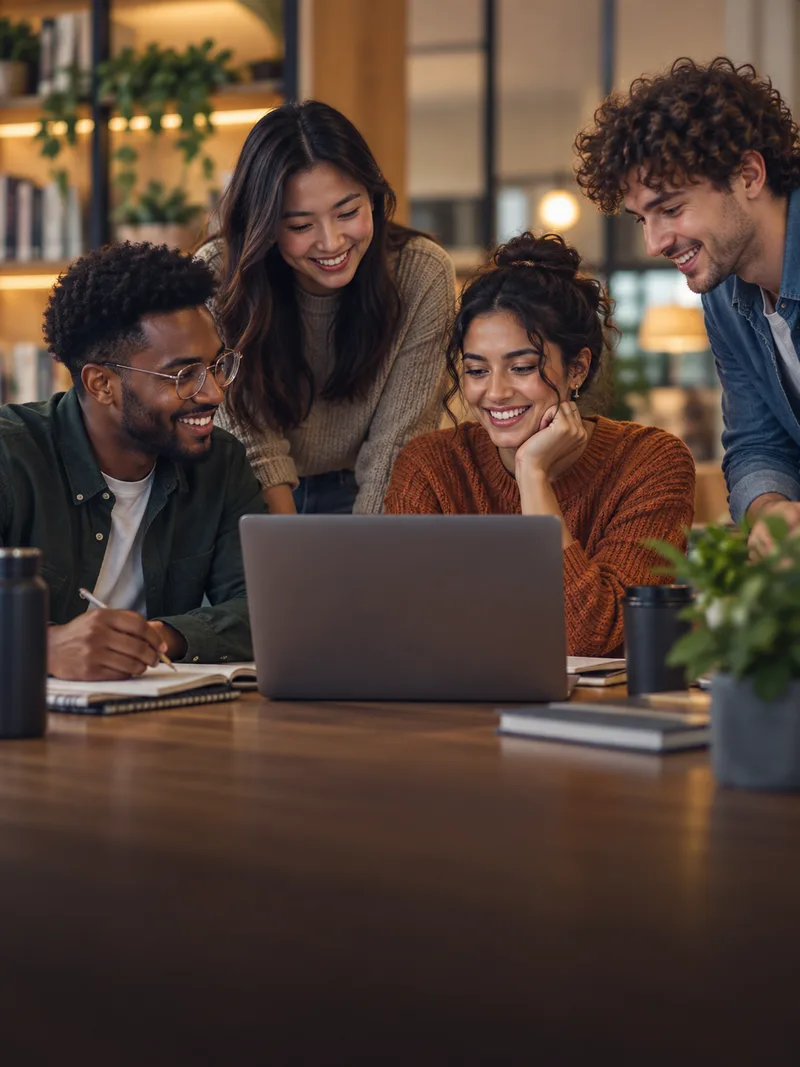 Four students gathered around a laptop, talking and smiling