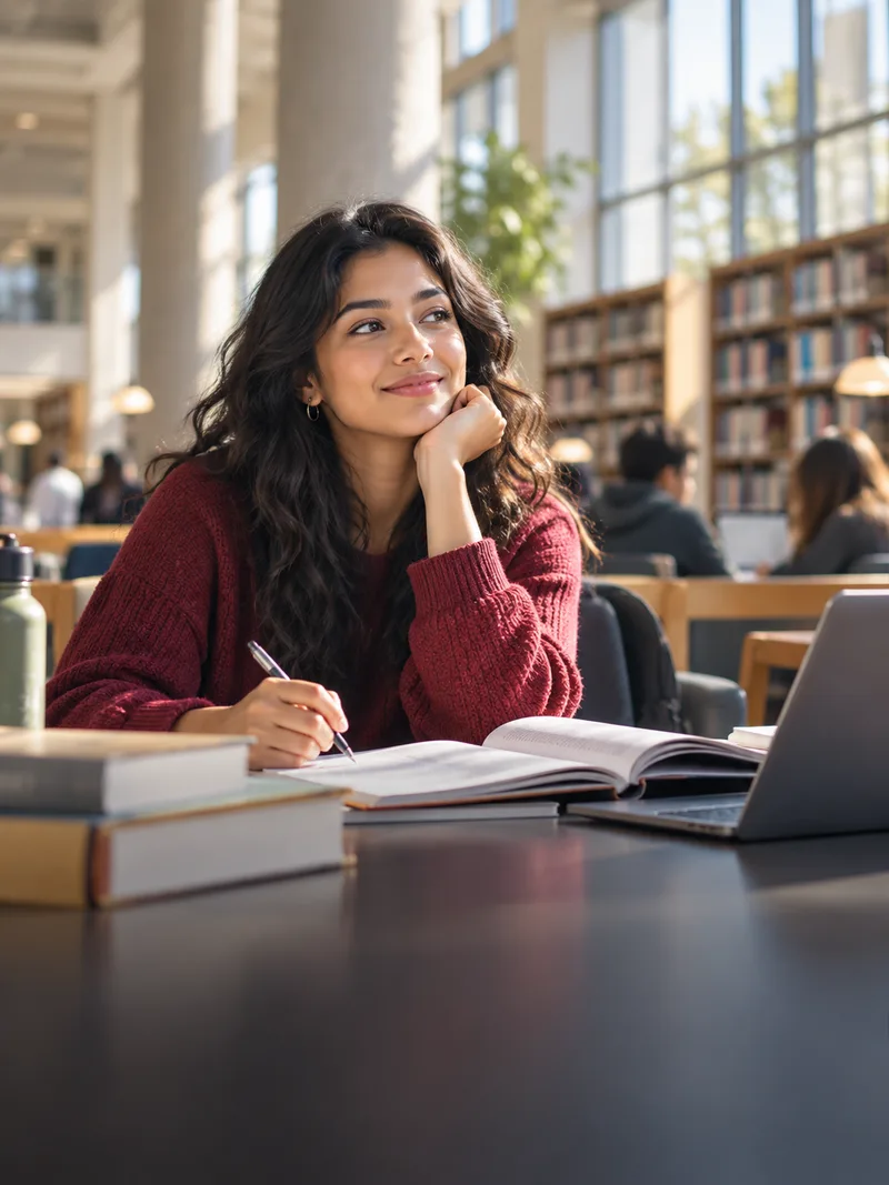 A student looking up from her books in a university library