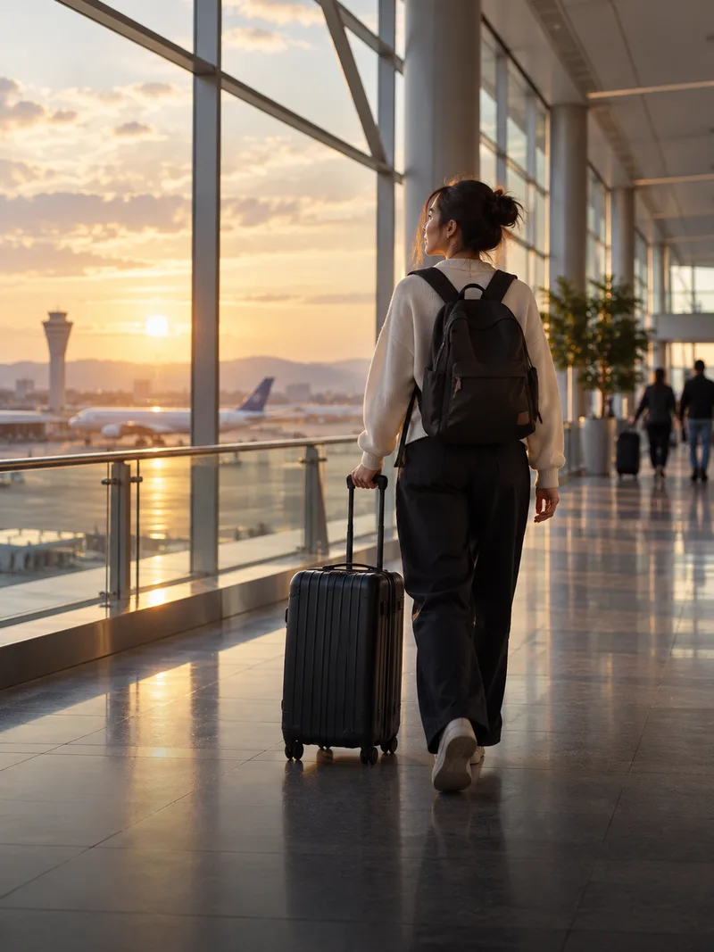 A traveller walking through an airport terminal at sunrise